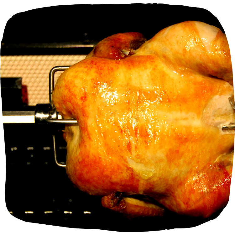 Image of Use rotisserie folks to hold the chicken for rotisserie cooking.
